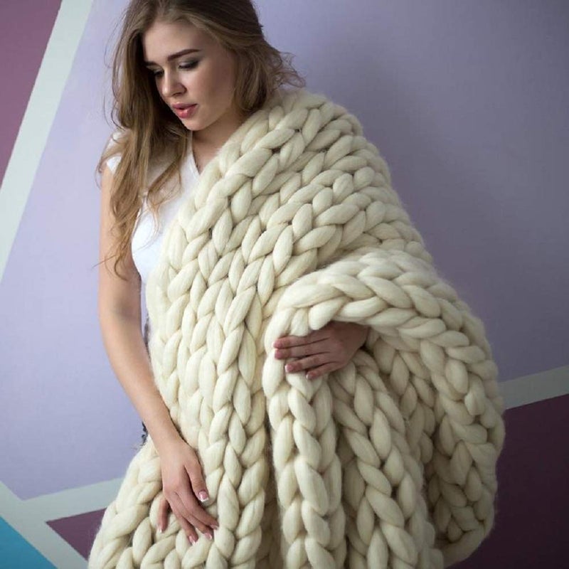 MLMGUO Chunky Knit Blanket Hand Made Merino Wool Throw Boho Bedroom Sofa Home Decor Giant Yarn(Ivory White 40"x60") - Image 2